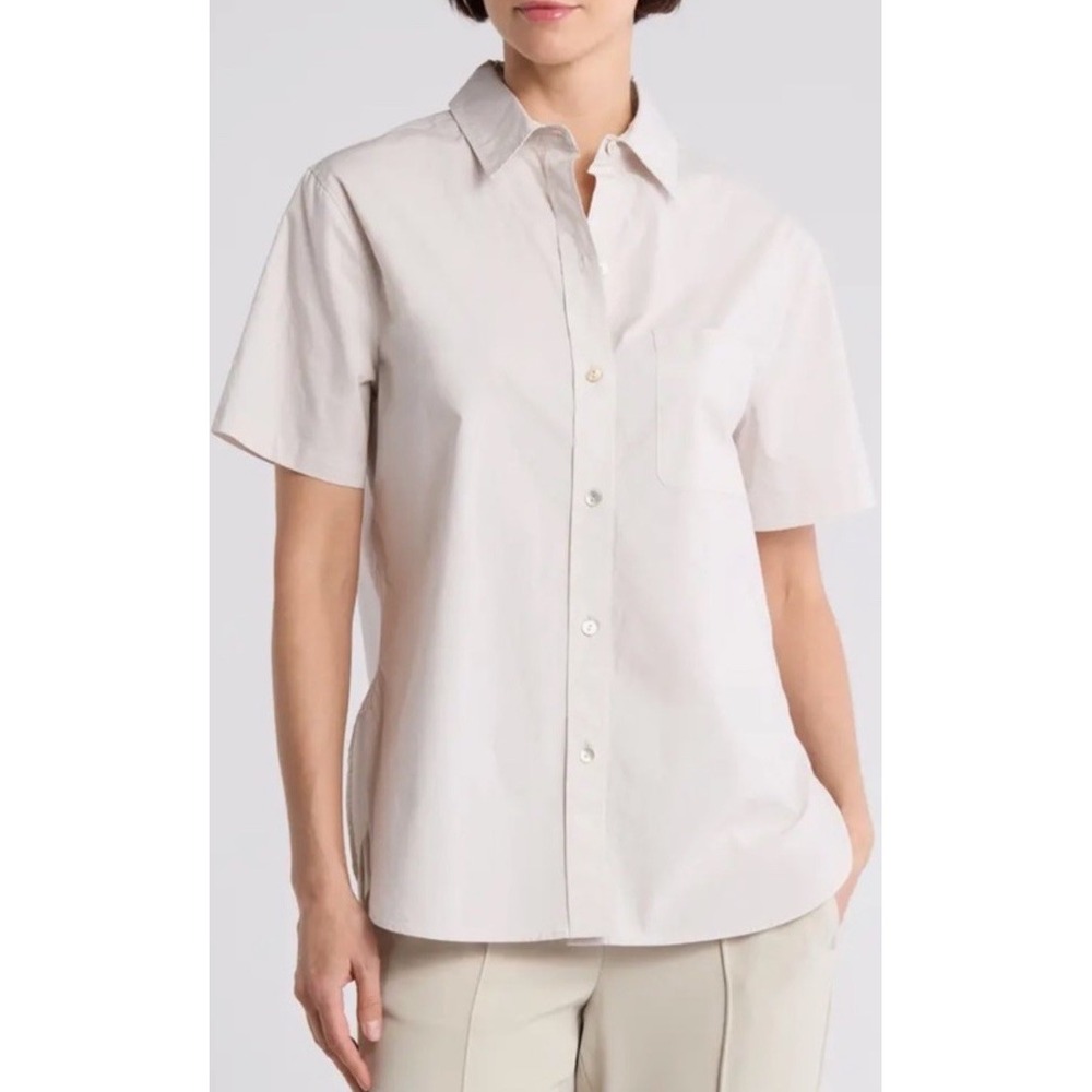 NWT Vince Nordstrom Cotton Poplin Short Sleeves Button Down Beige Shirt S/P $245